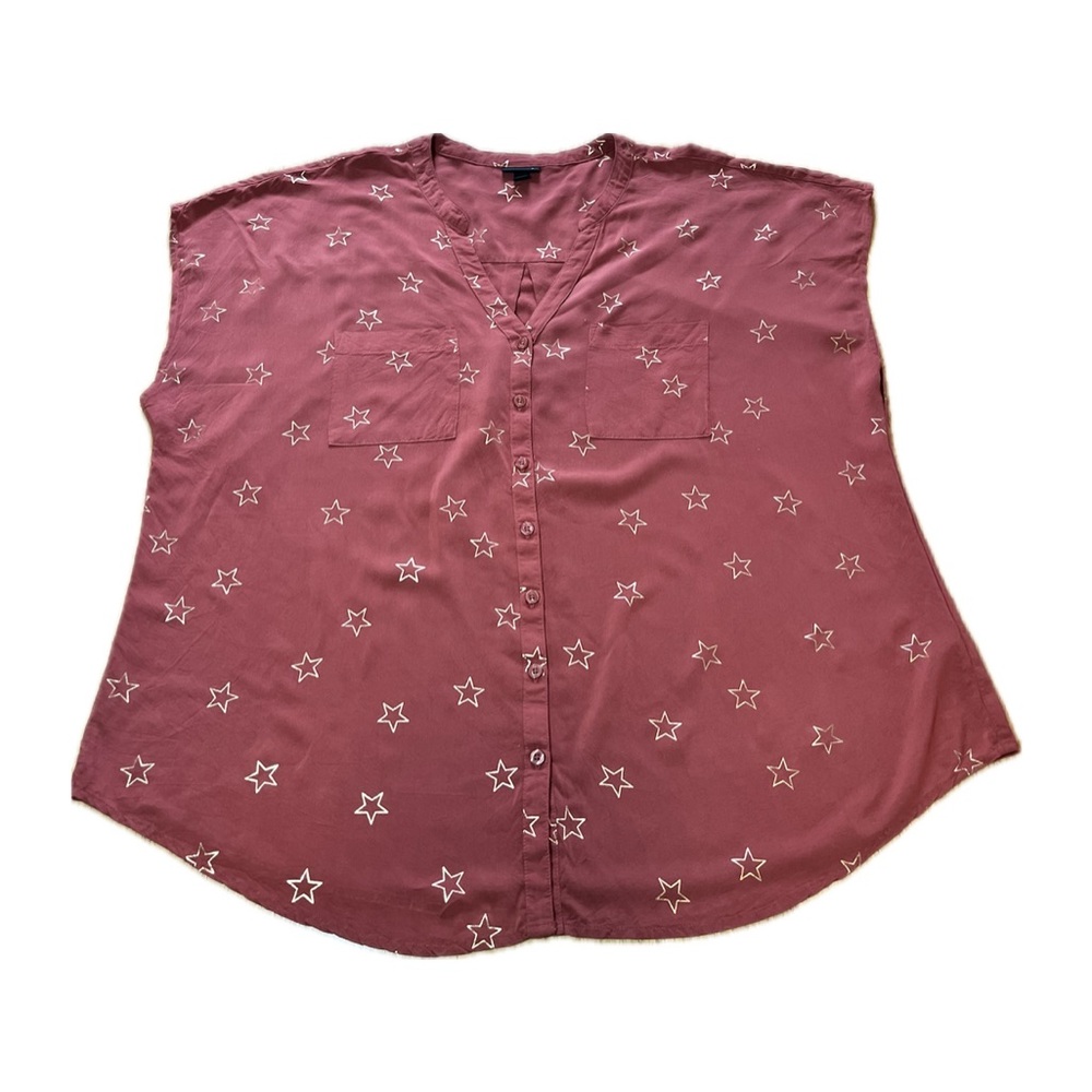 Torrid Women Plus Size 2 (2X) Pink Gold Stars V-neck Button Up Shirt Cap Sleeve
